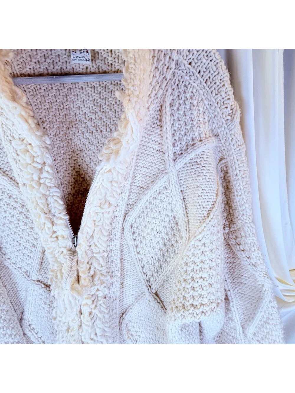 World Of Wool Vintage Cableknit Fisherman Sweater Ivory Heavy Full Zip XL